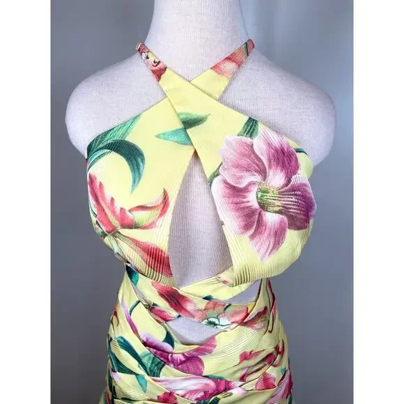 PATBO Laelia Cutout Floral Halterneck Criss Cross Yellow Mini Dress Size 4 - Picture 4 of 8